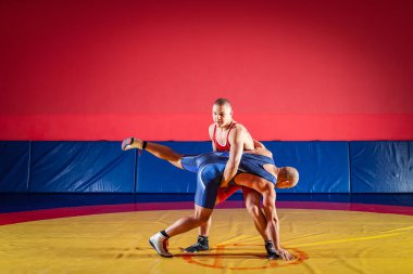 Mavi ve Kırmızı tayt güreş iki güçlü güreşçiler wrestlng ve bir sarı halı spor salonunda güreş güreş suplex yapım vardır. Kıskaç yapan genç erkek.