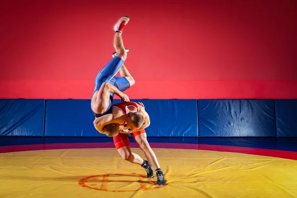 Pojęcie Godziwej Wrestlingu Dwóch Młodych Mężczyzn Niebieski Czerwony Wrestling Rajstopy — Zdjęcie stockowe