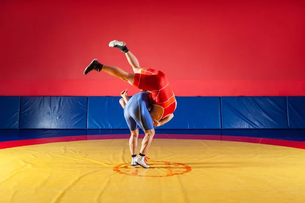 Adil Güreş Kavramı Mavi Kırmızı Tayt Güreş Iki Genç Erkek — Stok fotoğraf