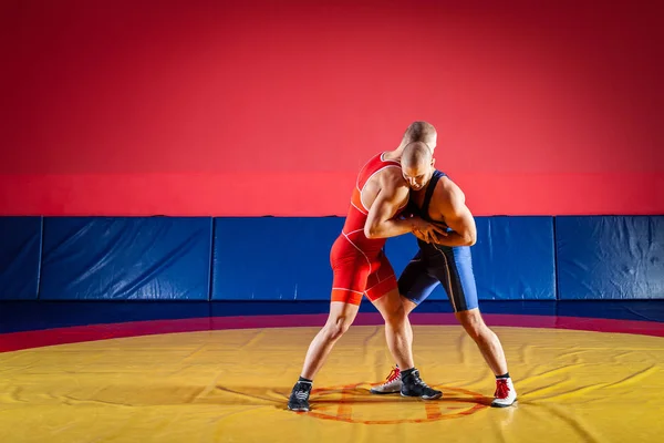 Het Concept Van Eerlijke Worstelen Twee Jonge Mannen Blauw Rood — Stockfoto