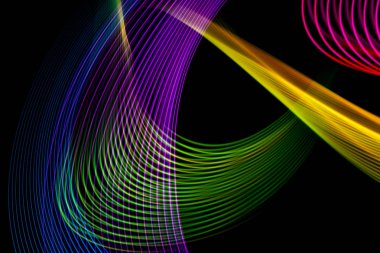 Neon renkler yeşil, kırmızı, mavi, sarı ve pembe sarmal çizgiler. Arka plan mavi neon ışık şekilleri parlayan. Poster, Web sitesi, broşür, yazdırma için parlak çizgiler.