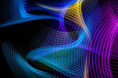 Soyut gökkuşağı neon parlayan geçiş satırları desen. Renkli neon parlayan ışık şekiller koyu arka plan