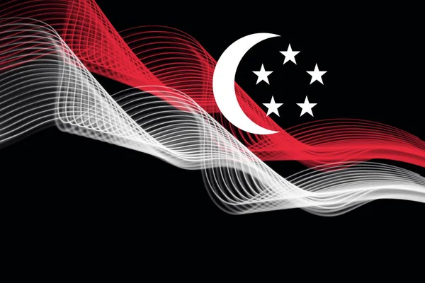 Государственный Флаг Сингапура Неоновых Светящихся Пересекающихся Линий Черном Изолированном Фоне — стоковое фото