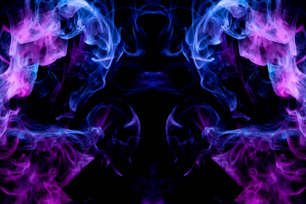 Thick colorful blue and purple smoke in the form of a butterfly on a black isolated background. Background from the smoke of vape. Mocap for cool t-shirt