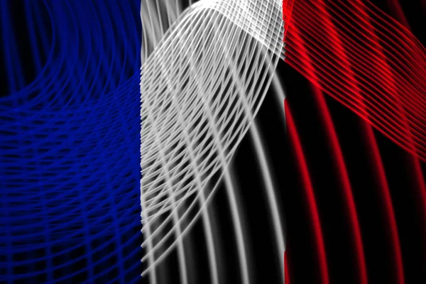 背景霓虹灯几何条纹上的法国国旗 — 图库照片