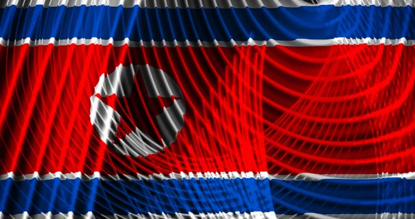 National flag of North Korea against the background of neon geometric stripes