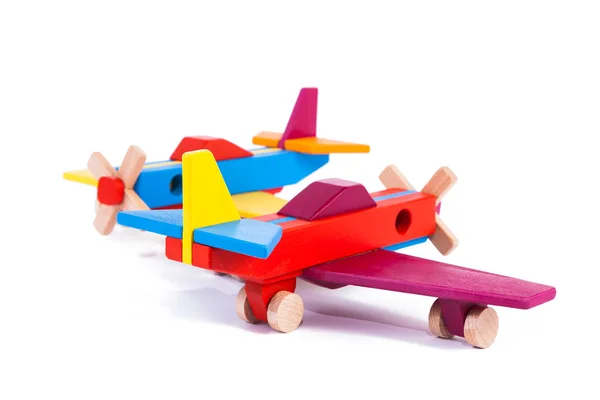 Photo Two Wooden Multi Colored Aircraft Beech Toy Wood Retro — Stock Photo, Image