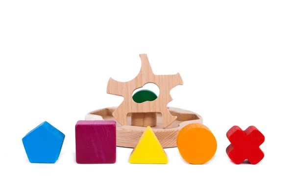 Photo Wooden Toy Children Sorter Small Wooden Details Form Geometric — Stock Photo, Image