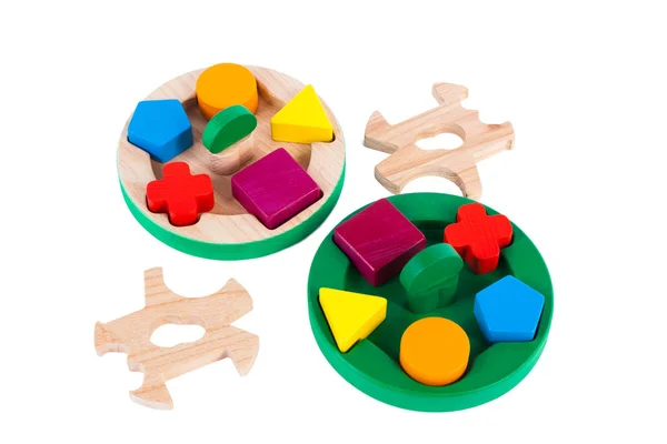 Photo Wooden Toy Children Sorter Small Wooden Details Form Geometric — Stock Photo, Image