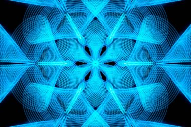 Soyut hareketli grafik renkli mavi spiraller ve Fraktallar siyah bir arka plan ile. Parametrik hareketi. Soyut fütüristik uzay arka plan.