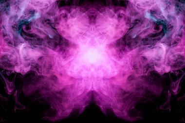 Pembe ve mor bir kafatası, canavar, dragon siyah Yalıtılmış zemin şeklinde kalın renkli duman. Vape duman kökenli. MoCap cool t-shirt için