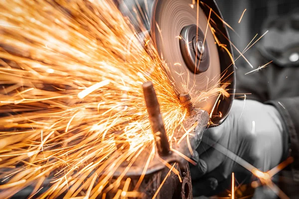 Close Man Sawing Bearing Metal Hand Circular Saw Bright Flashes — Stock Photo, Image