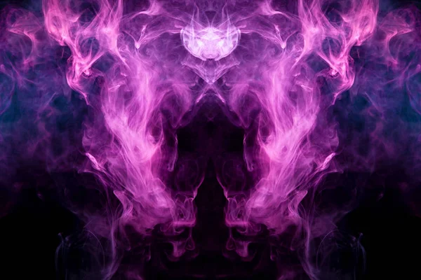 Mocap for cool t-shirts. Thick colorful blue and pink smoke  in the form of a monster on a black isolated background. Background from the smoke of vape