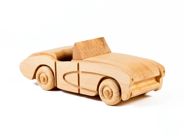 Zdjęcie Samochodów Retro Kabriolet Drewna Bukowego Zabawka Wykonana Drewna Białym — Zdjęcie stockowe