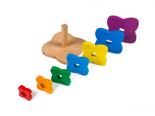 Photo Wooden Toy Children Sorter Pyramid Colorful Parts Shape Flowerss — Stock Photo, Image