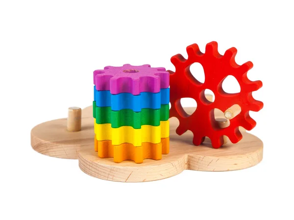 Photo Wooden Toy Children Sorter Small Wooden Details Form Gears — Stock Photo, Image