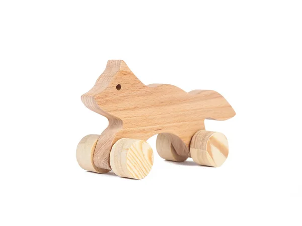 Photo Wooden Fox Wheels Beech Toy Made Wood Fox Car — Stock Photo, Image