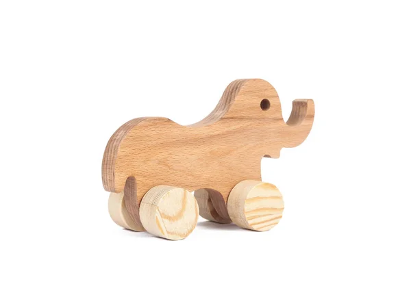 Photo Wooden Elephant Wheels Beech Toy Made Wood Elephant Car — Stock Photo, Image