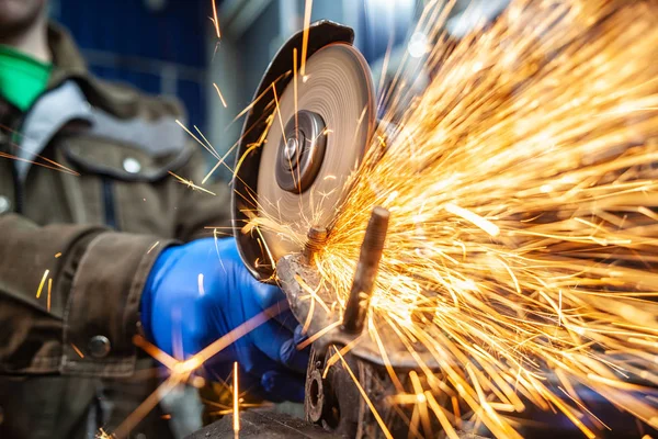 Close Man Sawing Bearing Metal Hand Circular Saw Bright Flashes — Stock Photo, Image