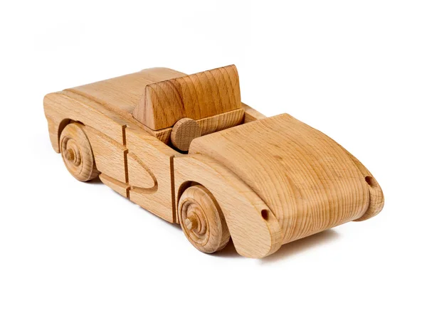 Zdjęcie Samochodów Retro Kabriolet Drewna Bukowego Zabawka Wykonana Drewna Białym — Zdjęcie stockowe