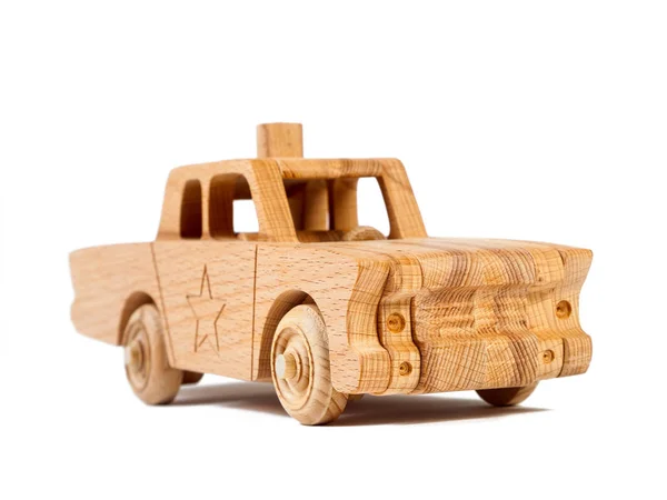 Zdjęcie Samochodu Policji Drewniane Drewna Bukowego Zabawka Wykonana Drewna Retro — Zdjęcie stockowe