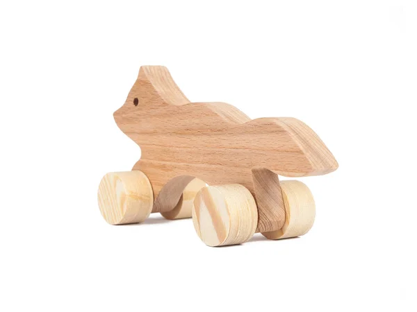 Photo Wooden Fox Wheels Beech Toy Made Wood Fox Car — Stock Photo, Image