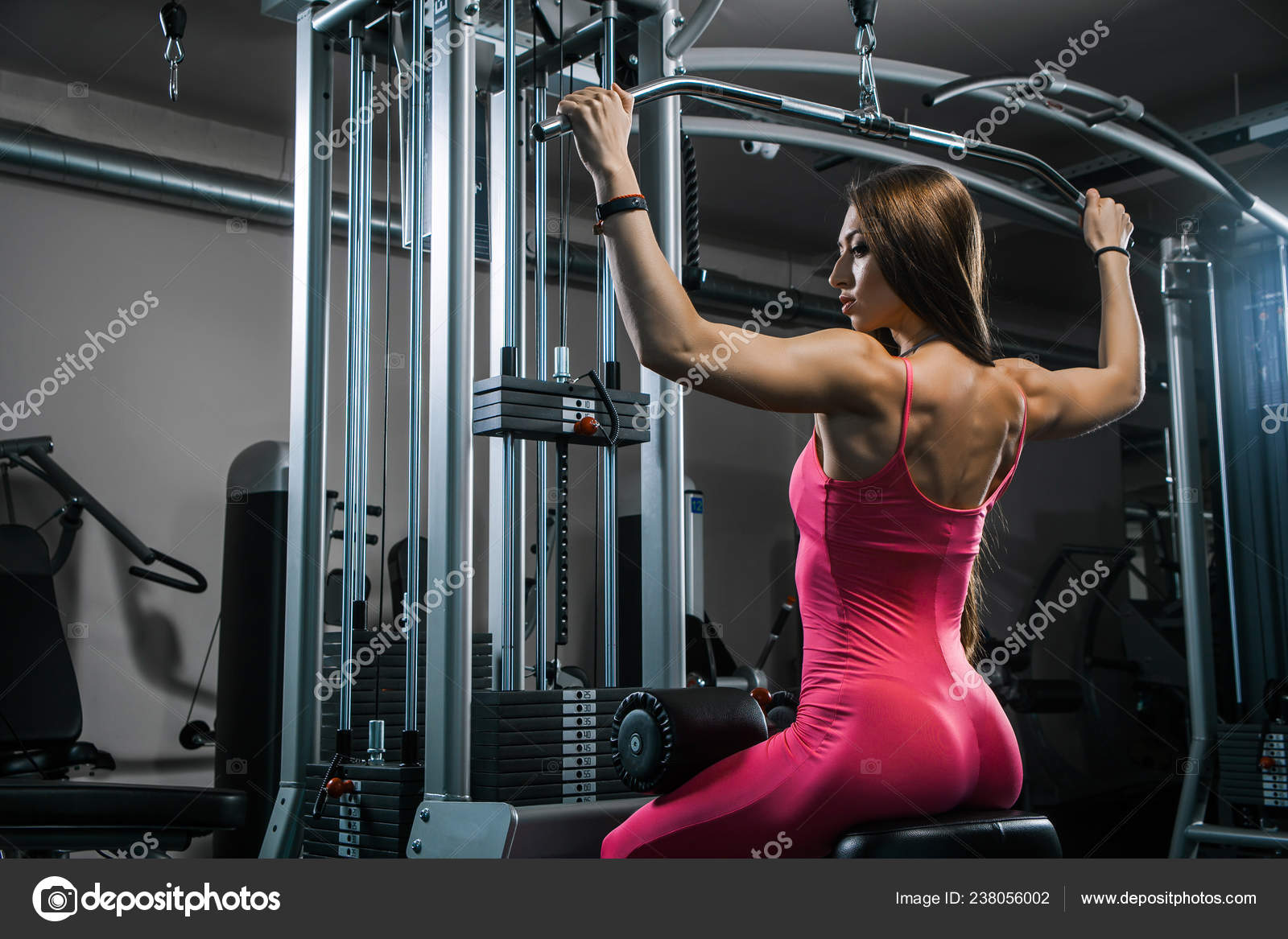 Athletic Woman Using Machine Pumping Back Muscles Gym Back View Stock Photo Image By C Everyonensk 238056002