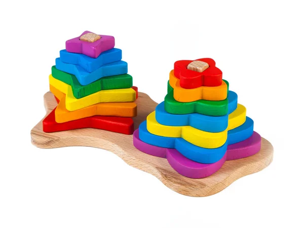 Photo Wooden Toys Children Sorter Pyramid Colorful Parts Shape Flowerss — Stock Photo, Image