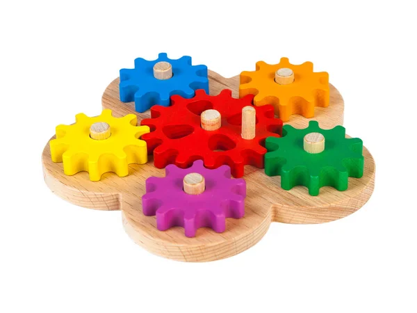 Photo Wooden Toy Children Sorter Small Wooden Details Form Gears — Stock Photo, Image