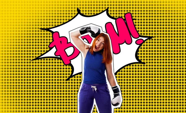 Portrait Pop Art Une Femme Gants Boxe Sourit Frappe Sur — Photo