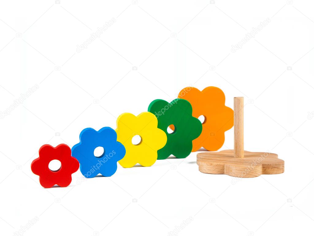 Photo of a wooden toy  children's sorter pyramid of colorful parts in the shape of flowerss on a white isolated background. The toy for the development of fine motor child