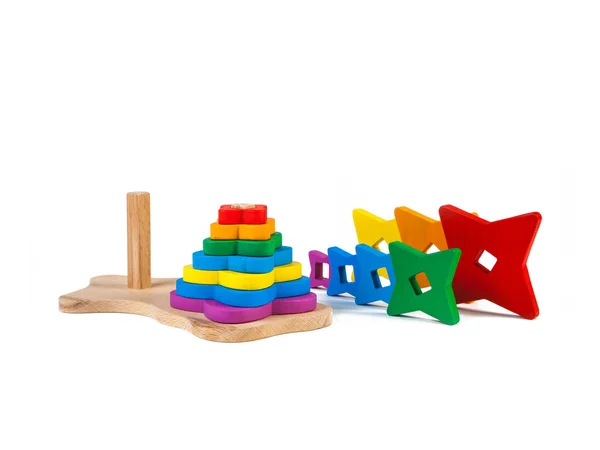 Zdjęcie Piramidy Sorter Dla Dzieci Zabawki Drewniane Kolorowe Części Kształcie — Zdjęcie stockowe