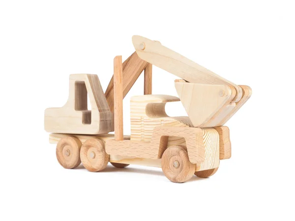 Zdjęcie Koparki Ciężarówka Samochód Drewniane Wykonane Drewna Bukowego Białym Tle — Zdjęcie stockowe