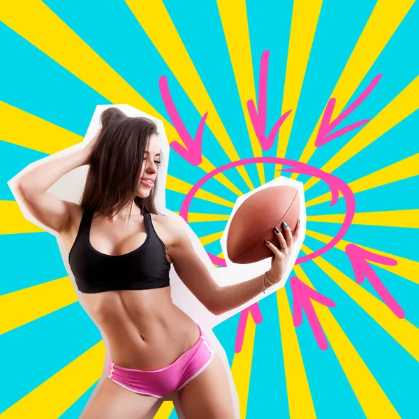 Schoonheid Vrouw Sport Kleding Houdt Een Rugbybal Een Blauw Gele — Stockfoto