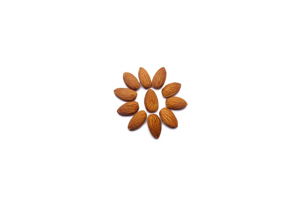 Koleksi Kacang Almond Terkelupas Terletak Pada Bentuk Lingkaran Atau Matahari — Stok Foto