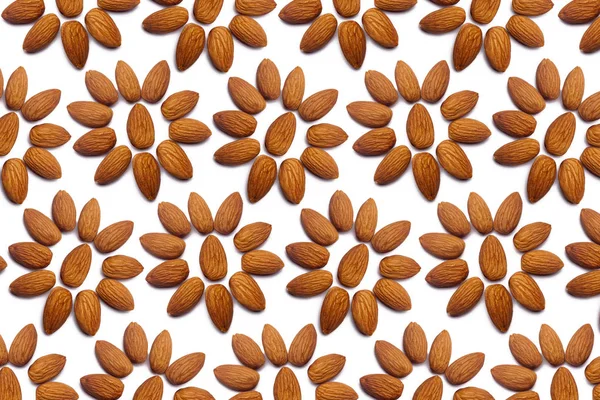 Collection Peeled Almond Nuts Lies Shape Circle Sun Isolated White — Stock Photo, Image