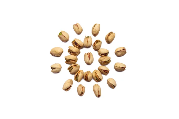 Collection Pistachio Nuts Lie Shape Circle Sun Isolated White Background — Stock fotografie