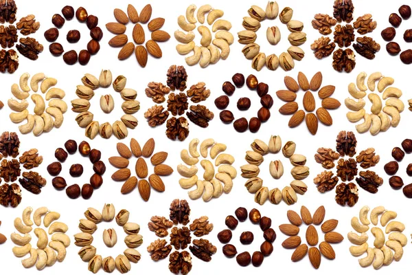 Collection Nuts Made Almonds Walnuts Hazelnuts Pistachios Cashews Lie Shape — Stock Photo, Image
