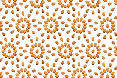 Nuts - soyulmuş kayısı taş üzerine bir daire şeklinde beyaz bir arka plan deseni. Dekorasyon, sağlıklı beslenme ve gıda arka plan ile ilgili kavramlar.