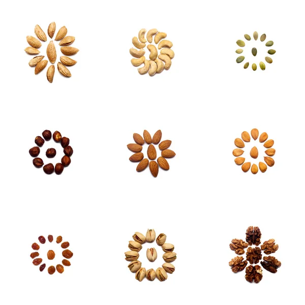 Collection Nuts Made Almonds Walnuts Hazelnuts Pistachios Cashews Lie Shape — Stock Photo, Image