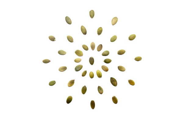 Collection Peeled Pumpkin Seeds Nuts Lies Shape Circle Sun Isolated — Stock Photo, Image