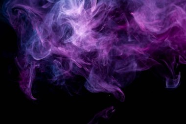 Pembe ve mavi bulut duman siyah arka plan izole. Vap duman arka plan