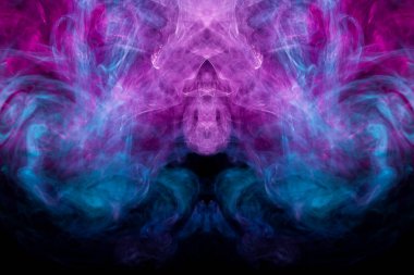 Kabarık Puffs mavi ve pembe bir kafatası, canavar, dragon siyah arka plan üzerinde şeklinde sis ve duman. Fantezi elbise için baskı: t-shirtler, tişörtü