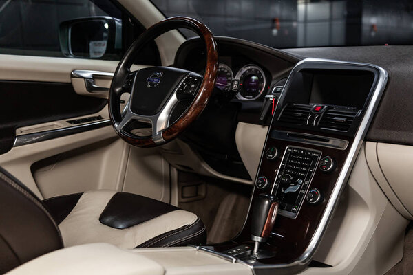 Novosibirsk, Russia -  January 25, 2019:  Volvo XC60,   close-up of the dashboard, seats and steering wheel. Photography of a modern car on a parking in Novosibirs