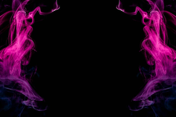 Thick colorful smoke of blue, pink and red in the form of a skull, monster, dragon on a black isolated background. Background from the smoke of vape. Mocap for cool t-shirt