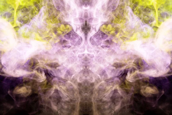 Mocap for cool t-shirts. Thick colorful yellow and purple smoke  in the form of a monster on a black isolated background. Background from the smoke of vape
