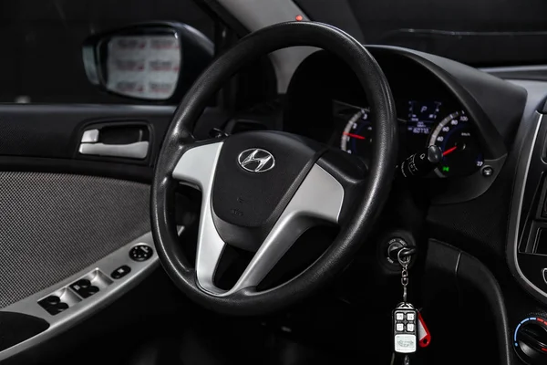 Novosibirsk Russia January 2019 Hyundai Solaris Close Dashboard Steering Wheel — Stock Photo, Image