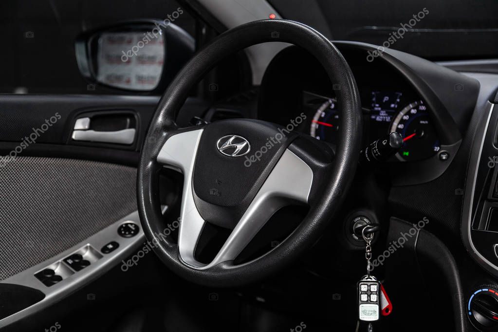 Novosibirsk, Russia -January 30, 2019:  Hyundai Solaris,  close-up of the dashboard and steering wheel. Photography of a modern car on a parking in Novosibirs