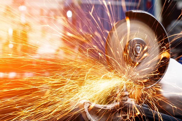 Close Sides Fly Bright Sparks Angle Grinder Machine Young Male — Stock Photo, Image