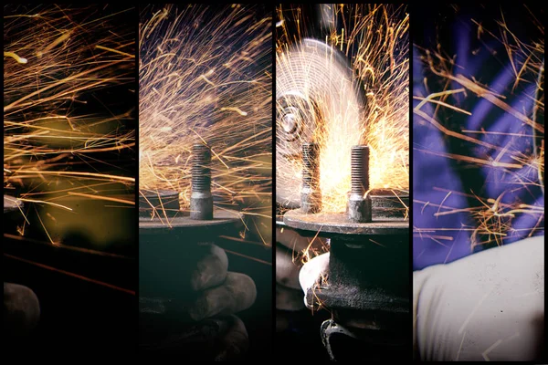 Collage Four Photos Close Welder Cuts Metal Angle Grinder Sparks — Stock Photo, Image